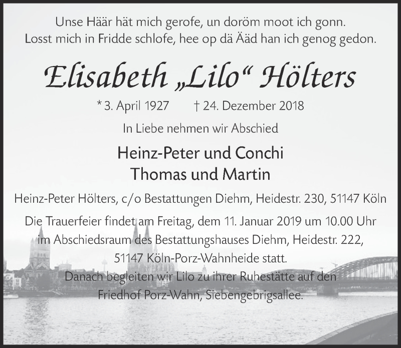  Traueranzeige für Elisabeth Hölters vom 09.01.2019 aus  Kölner Wochenspiegel 
