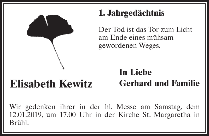 Traueranzeige für Elisabeth Kewitz vom 09.01.2019 aus  Schlossbote/Werbekurier 