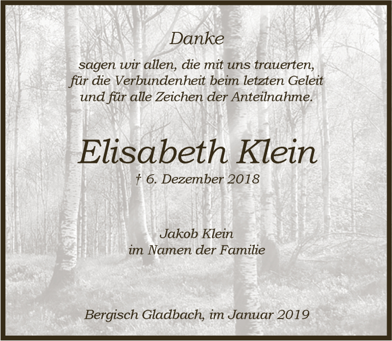  Traueranzeige für Elisabeth Klein vom 09.01.2019 aus  Bergisches Handelsblatt 