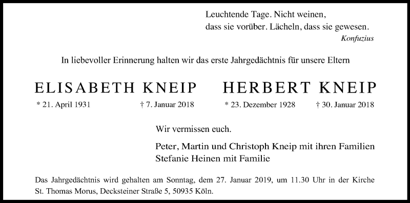  Traueranzeige für Elisabeth Kneip vom 19.01.2019 aus Kölner Stadt-Anzeiger / Kölnische Rundschau / Express