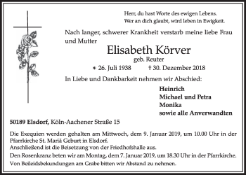 Anzeige von Elisabeth Körver von  Sonntags-Post 