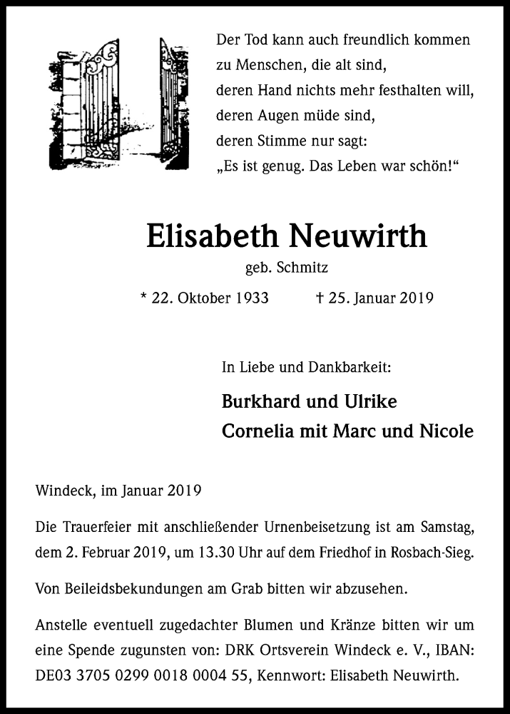  Traueranzeige für Elisabeth Neuwirth vom 30.01.2019 aus Kölner Stadt-Anzeiger / Kölnische Rundschau / Express