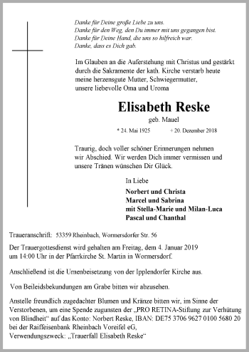 Anzeige von Elisabeth Reske von  Schaufenster/Blickpunkt 