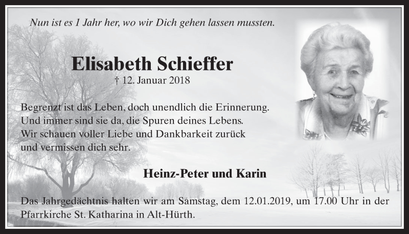  Traueranzeige für Elisabeth Schieffer vom 09.01.2019 aus  Wochenende 