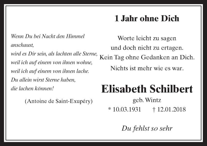  Traueranzeige für Elisabeth Schilbert vom 09.01.2019 aus  Werbepost 