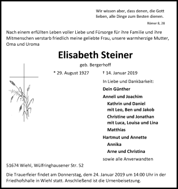 Anzeige von Elisabeth Steiner von Kölner Stadt-Anzeiger / Kölnische Rundschau / Express
