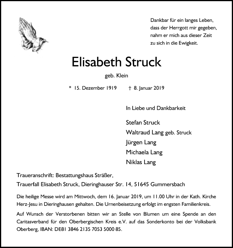  Traueranzeige für Elisabeth Struck vom 11.01.2019 aus Kölner Stadt-Anzeiger / Kölnische Rundschau / Express
