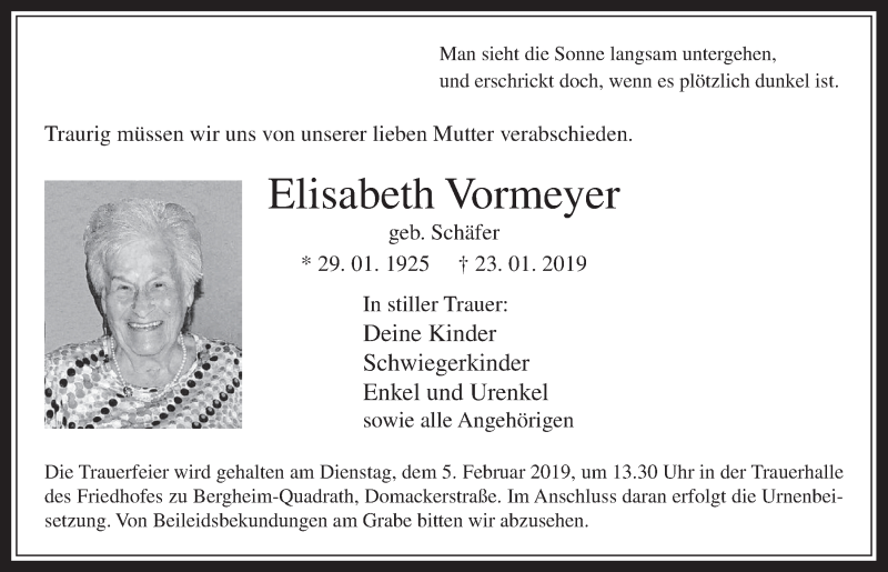  Traueranzeige für Elisabeth Vormeyer vom 30.01.2019 aus  Werbepost 