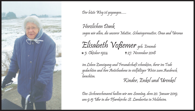  Traueranzeige für Elisabeth Voßemer vom 12.01.2019 aus  Blickpunkt Euskirchen 
