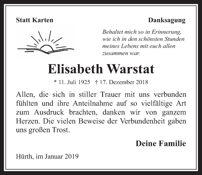  Traueranzeige für Elisabeth Warstat vom 09.01.2019 aus  Wochenende 