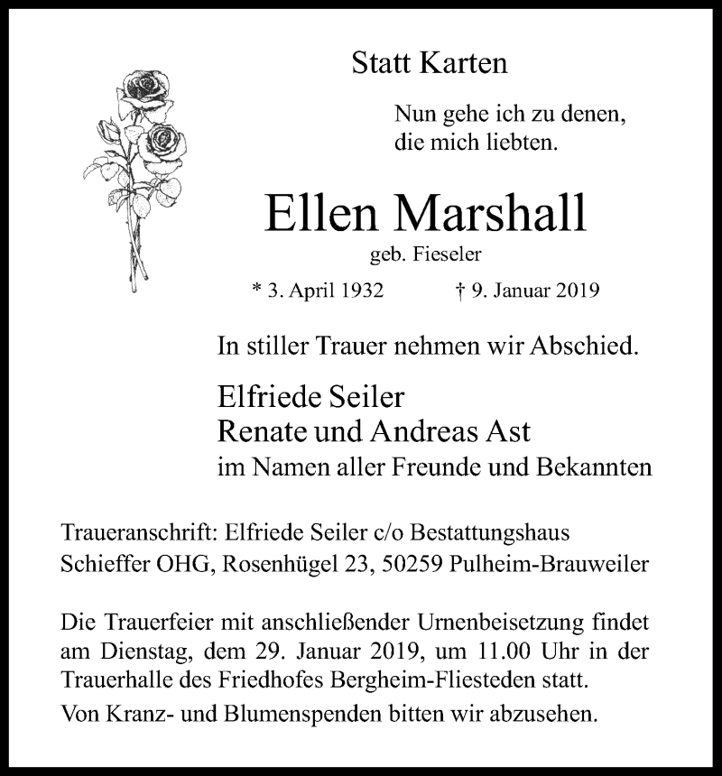 Traueranzeige für Ellen Marshall vom 19.01.2019 aus Kölner Stadt-Anzeiger / Kölnische Rundschau / Express
