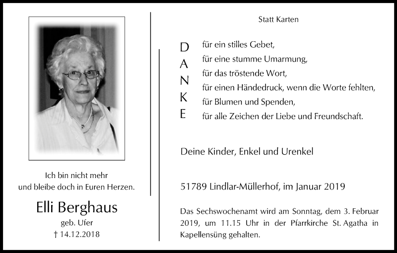  Traueranzeige für Elli Berghaus vom 26.01.2019 aus Kölner Stadt-Anzeiger / Kölnische Rundschau / Express