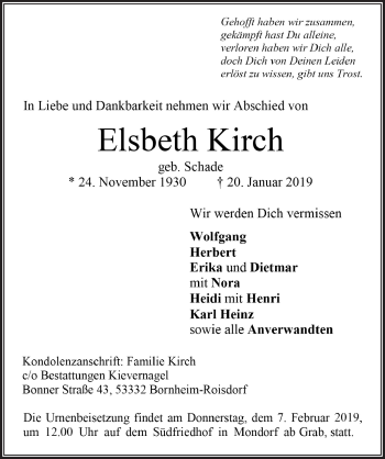 Anzeige von Elsbeth Kirch von  Extra Blatt 