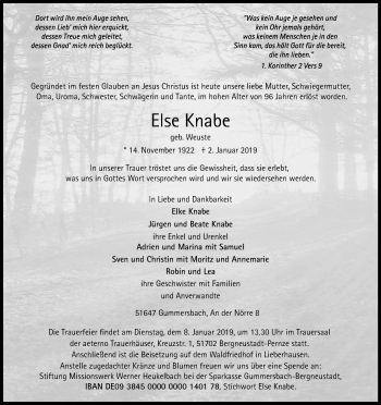 Anzeige von Else Knabe von Kölner Stadt-Anzeiger / Kölnische Rundschau / Express