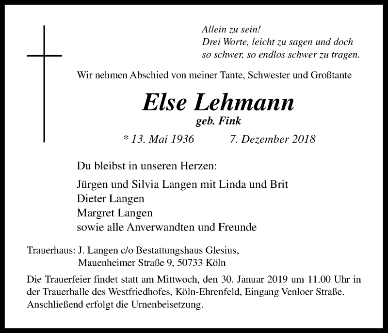  Traueranzeige für Else Lehmann vom 19.01.2019 aus Kölner Stadt-Anzeiger / Kölnische Rundschau / Express