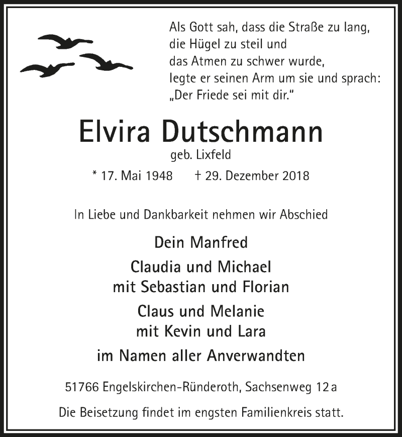  Traueranzeige für Elvira Dutschmann vom 09.01.2019 aus  Anzeigen Echo 