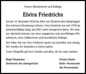 Anzeige von Elvira Friedrichs von Kölner Stadt-Anzeiger / Kölnische Rundschau / Express