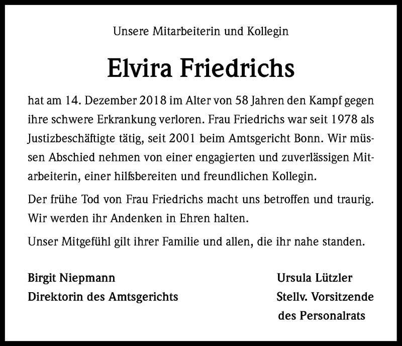  Traueranzeige für Elvira Friedrichs vom 05.01.2019 aus Kölner Stadt-Anzeiger / Kölnische Rundschau / Express