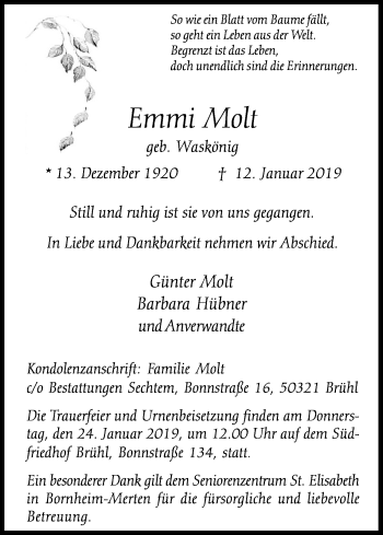 Anzeige von Emmi Molt von Kölner Stadt-Anzeiger / Kölnische Rundschau / Express