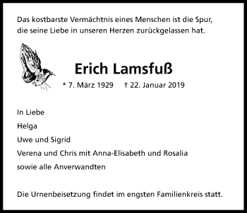 Anzeige von Erich Lamsfuß von Kölner Stadt-Anzeiger / Kölnische Rundschau / Express