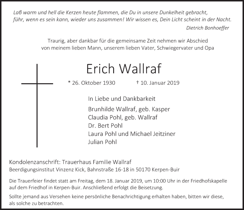  Traueranzeige für Erich Wallraf vom 16.01.2019 aus  Werbepost 