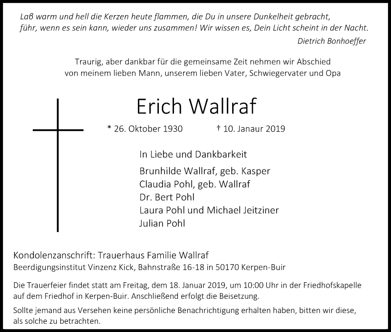  Traueranzeige für Erich Wallraf vom 12.01.2019 aus Kölner Stadt-Anzeiger / Kölnische Rundschau / Express