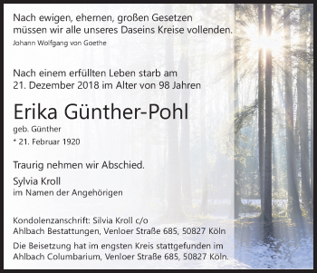 Anzeige von Erika Günther-Pohl von Kölner Stadt-Anzeiger / Kölnische Rundschau / Express