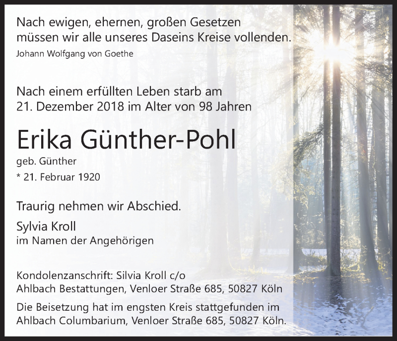  Traueranzeige für Erika Günther-Pohl vom 26.01.2019 aus Kölner Stadt-Anzeiger / Kölnische Rundschau / Express