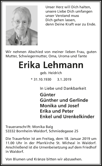 Anzeige von Erika Lehmann von  Schaufenster/Blickpunkt 