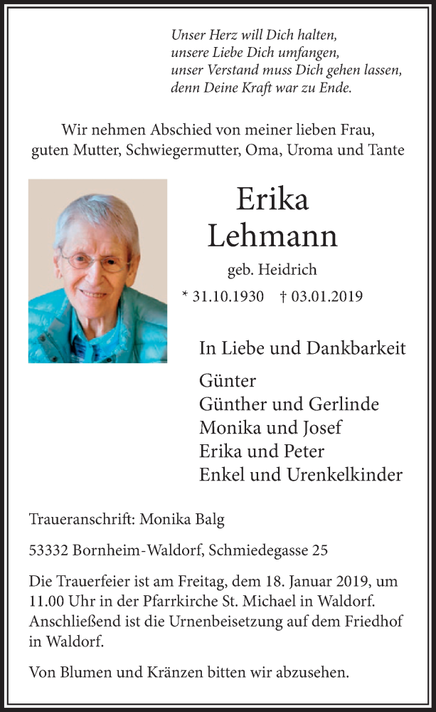  Traueranzeige für Erika Lehmann vom 16.01.2019 aus  Schlossbote/Werbekurier 