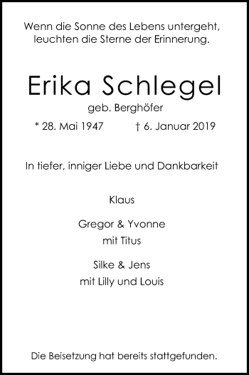 Anzeige von Erika Schlegel von Kölner Stadt-Anzeiger / Kölnische Rundschau / Express