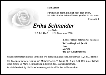 Anzeige von Erika Schneider von Kölner Stadt-Anzeiger / Kölnische Rundschau / Express