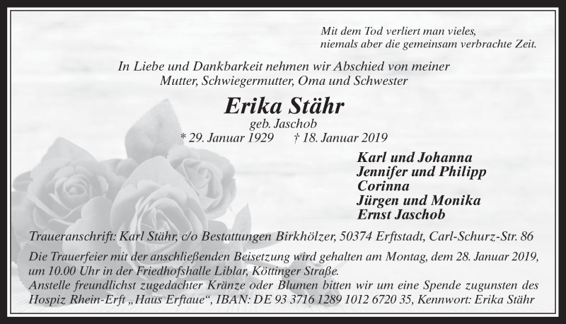  Traueranzeige für Erika Stähr vom 23.01.2019 aus  Werbepost 