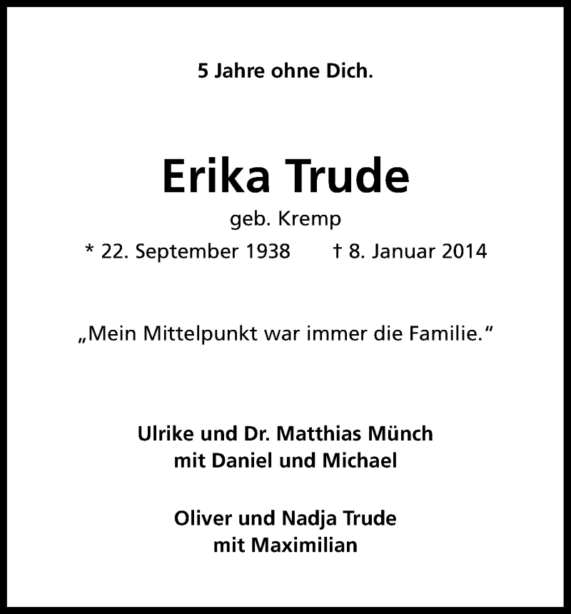  Traueranzeige für Erika Trude vom 05.01.2019 aus Kölner Stadt-Anzeiger / Kölnische Rundschau / Express