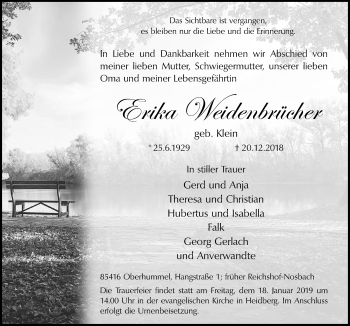 Anzeige von Erika Weidenbrücher von  Lokalanzeiger 