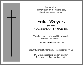 Anzeige von Erika Weyers von  Anzeigen Echo  Lokalanzeiger 