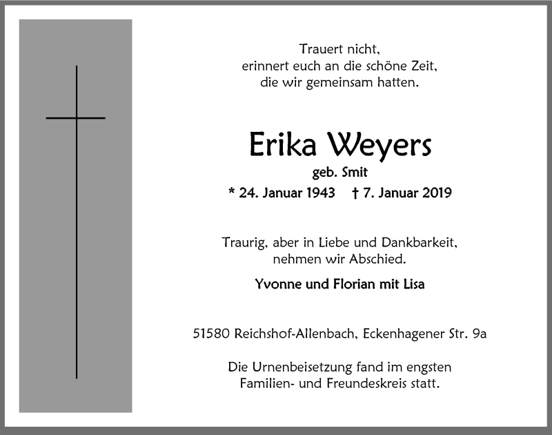 Traueranzeige für Erika Weyers vom 16.01.2019 aus  Anzeigen Echo  Lokalanzeiger 