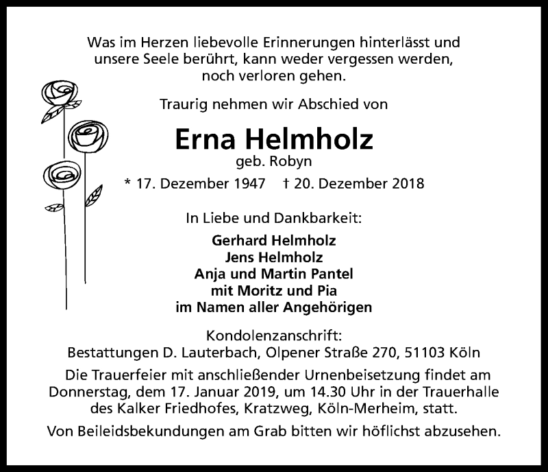  Traueranzeige für Erna Helmholz vom 11.01.2019 aus Kölner Stadt-Anzeiger / Kölnische Rundschau / Express