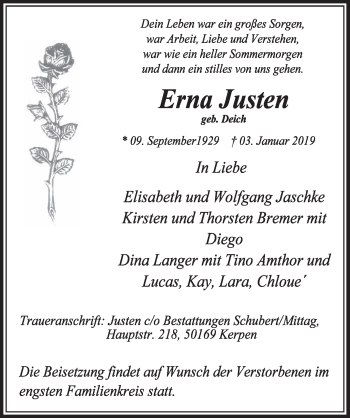 Anzeige von Erna Justen von  Sonntags-Post 