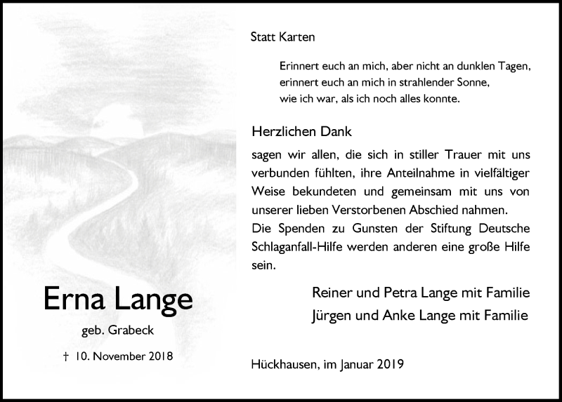  Traueranzeige für Erna Lange vom 02.01.2019 aus  Anzeigen Echo 