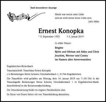 Anzeige von Ernest Konopka von Kölner Stadt-Anzeiger / Kölnische Rundschau / Express