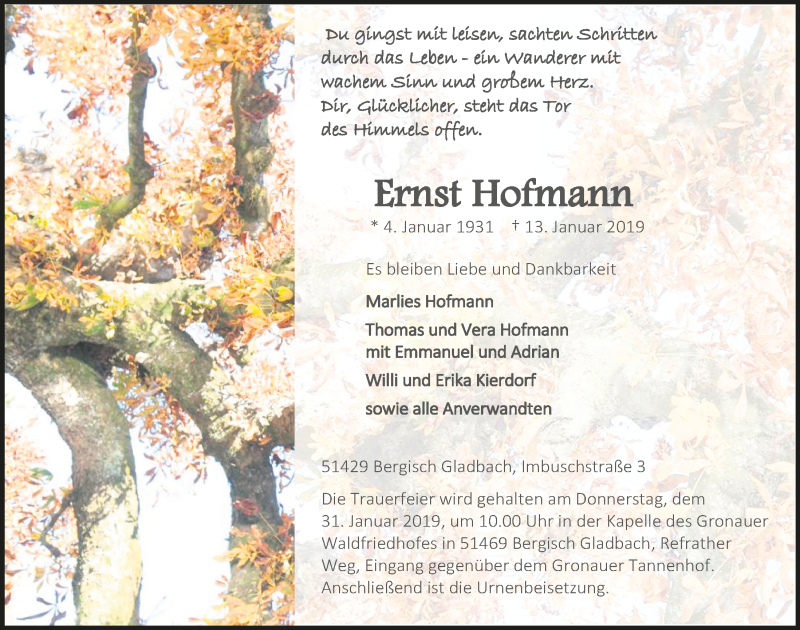  Traueranzeige für Ernst Hofmann vom 23.01.2019 aus  Bergisches Handelsblatt 