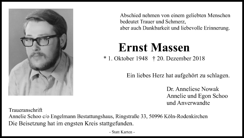  Traueranzeige für Ernst Massen vom 05.01.2019 aus Kölner Stadt-Anzeiger / Kölnische Rundschau / Express