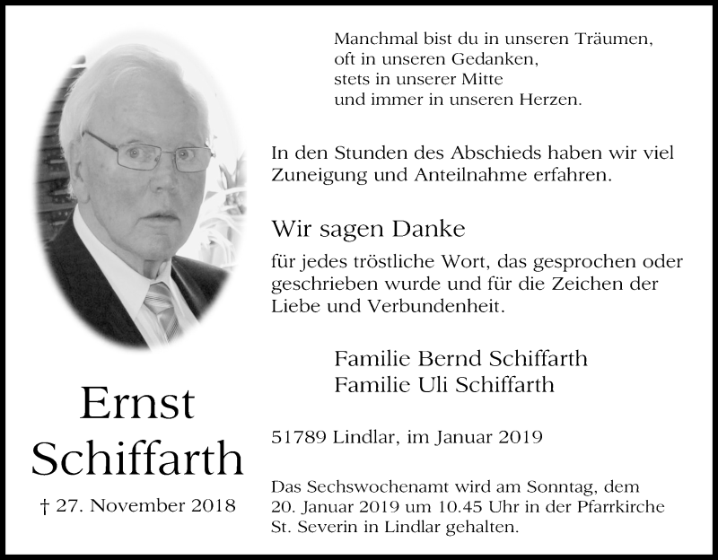  Traueranzeige für Ernst Schiffarth vom 19.01.2019 aus Kölner Stadt-Anzeiger / Kölnische Rundschau / Express