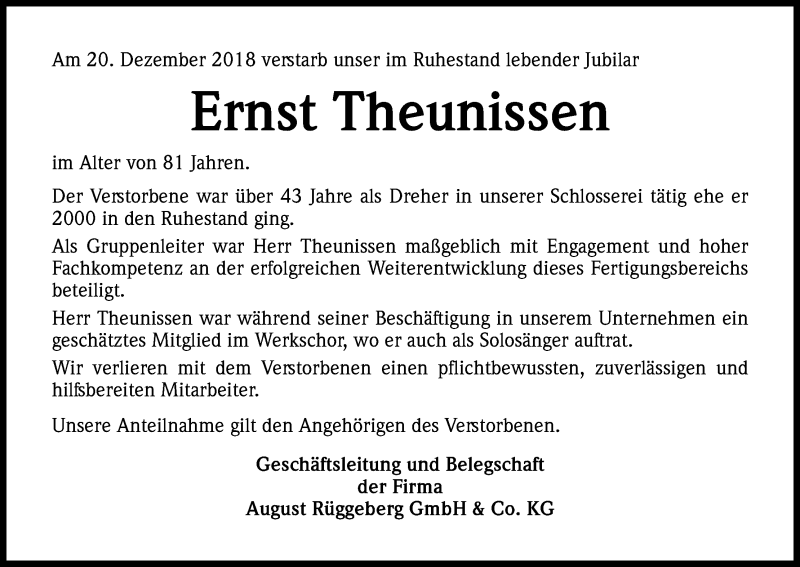  Traueranzeige für Ernst Theunissen vom 12.01.2019 aus Kölner Stadt-Anzeiger / Kölnische Rundschau / Express