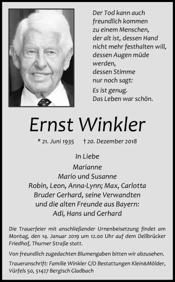 Anzeige von Ernst Winkler von Kölner Stadt-Anzeiger / Kölnische Rundschau / Express