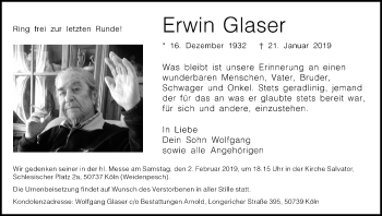 Anzeige von Erwin Glaser von Kölner Stadt-Anzeiger / Kölnische Rundschau / Express