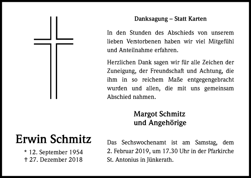  Traueranzeige für Erwin Schmitz vom 19.01.2019 aus Kölner Stadt-Anzeiger / Kölnische Rundschau / Express