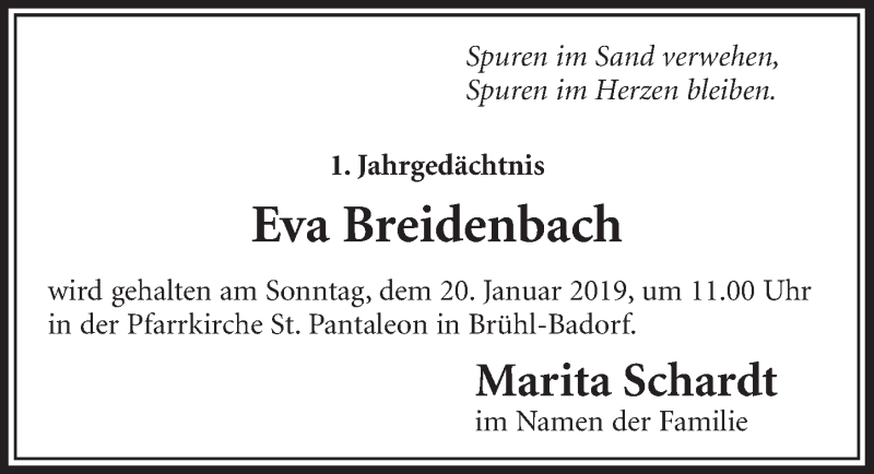  Traueranzeige für Eva Breidenbach vom 16.01.2019 aus  Schlossbote/Werbekurier 