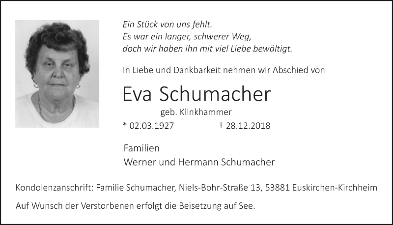  Traueranzeige für Eva Schumacher vom 05.01.2019 aus  Blickpunkt Euskirchen 